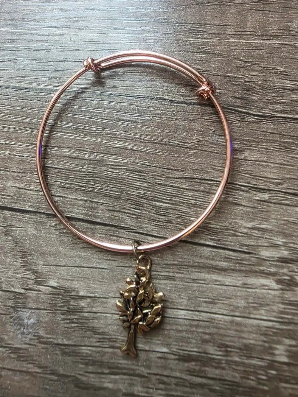 Rose Gold Tone Expandable Bangle Bracelet with Tree Charm